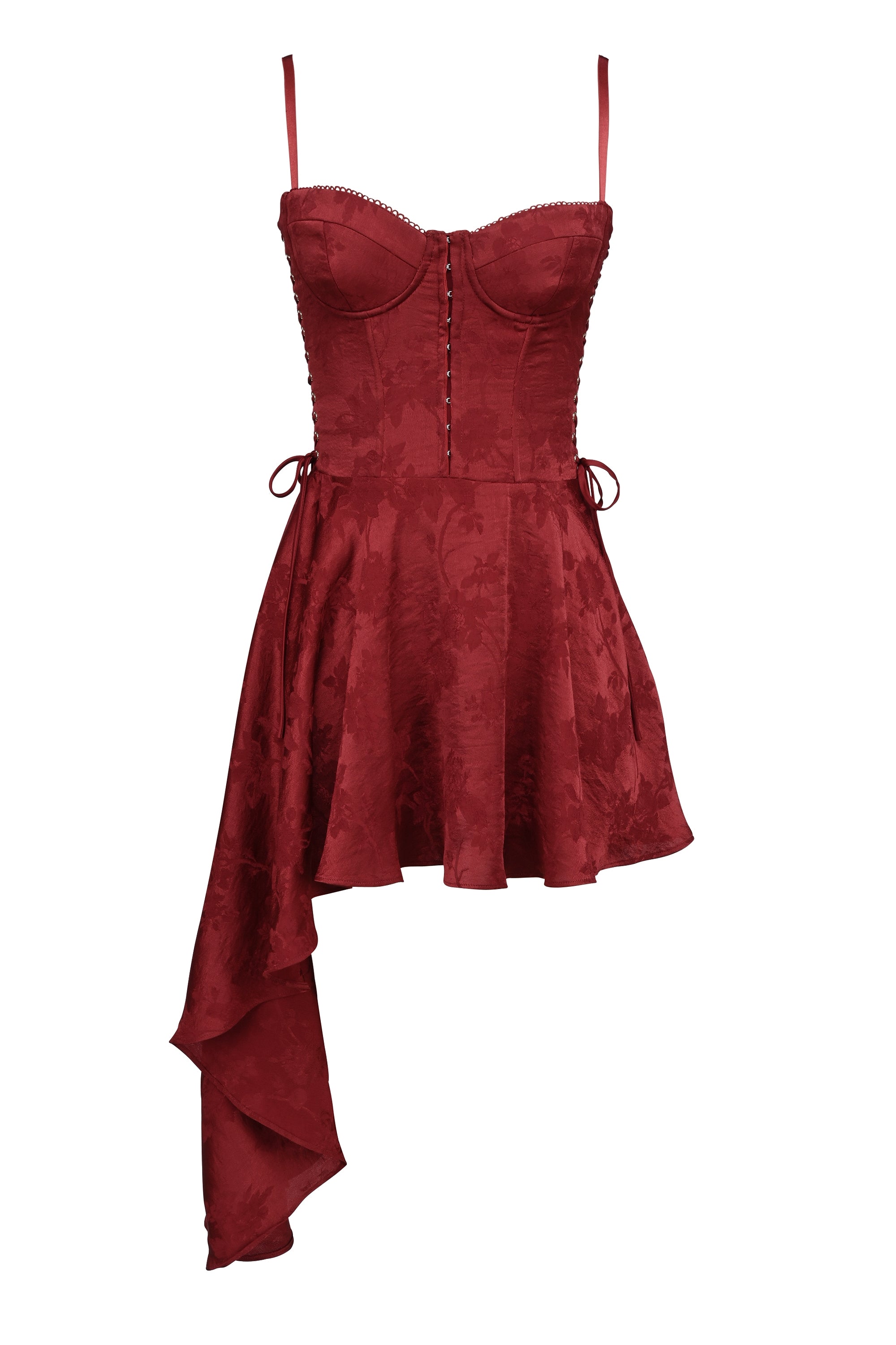 Wine Jacquard Satin Draped Mini Dress