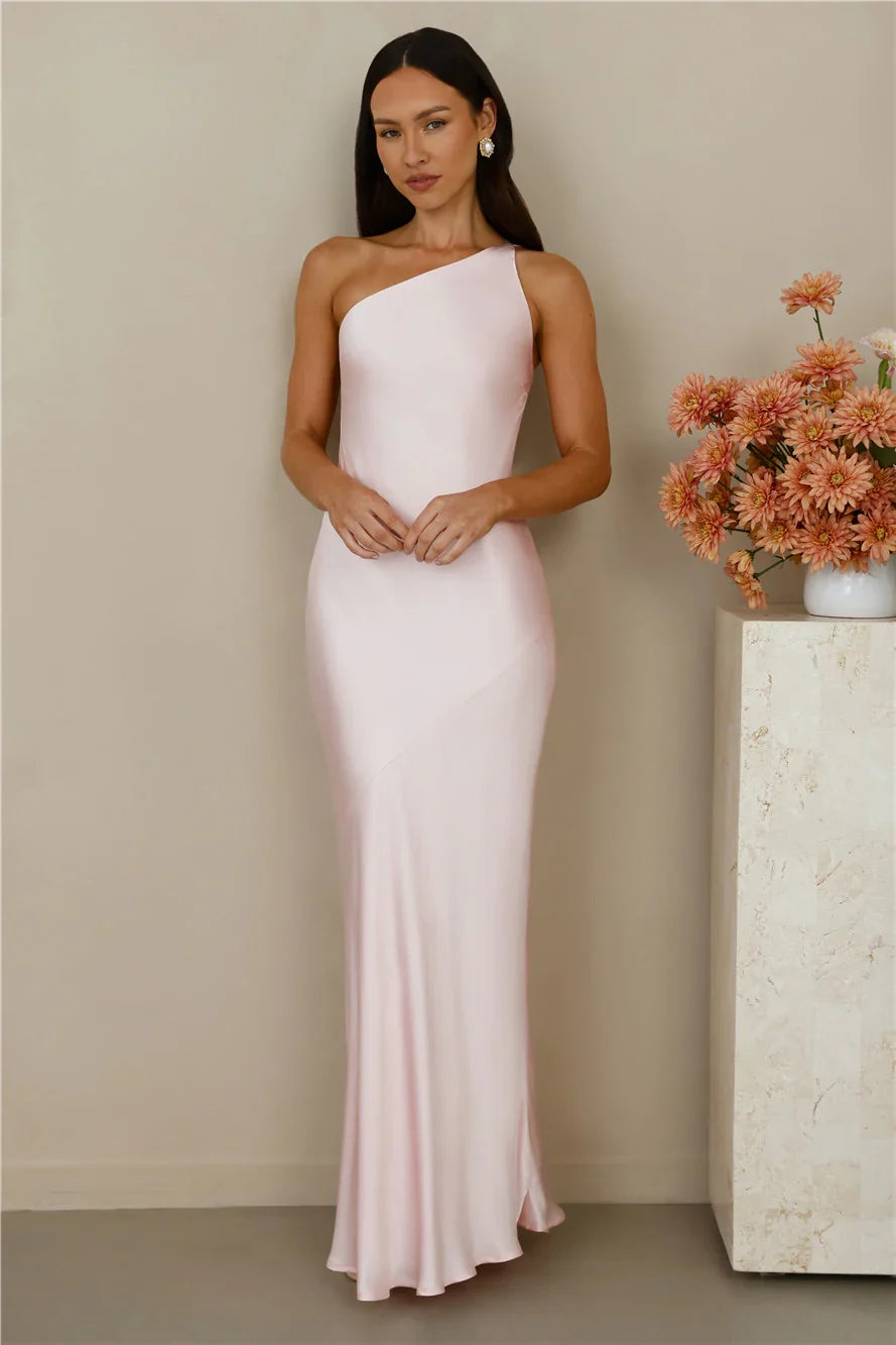 The Evangeline One Shoulder Satin Maxi Dress Pink