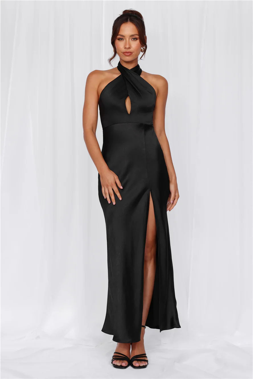 The Adeline Halter Satin Maxi Dress Black