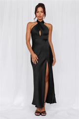 The Adeline Halter Satin Maxi Dress Black