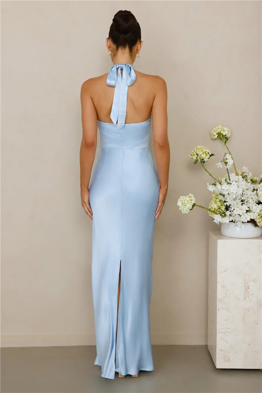 The Cleo Halter Satin Maxi Dress Blue