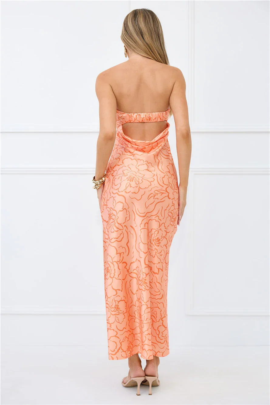 Sunburst Sparkle Strapless Satin Maxi Dress Orange