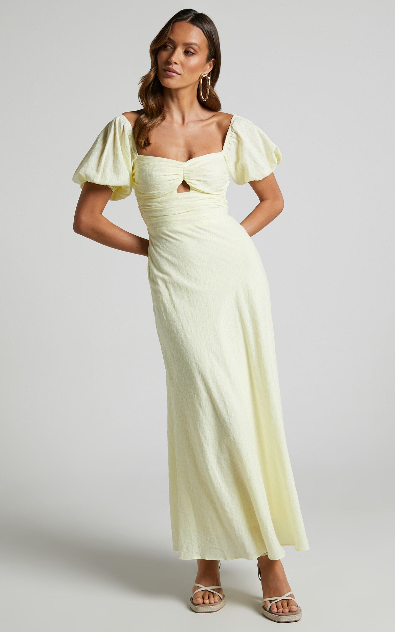 Vynna Midi Dress - Scoop Neck Puff Sleeve Ruched Bust A Line Dress in Butter Yellow