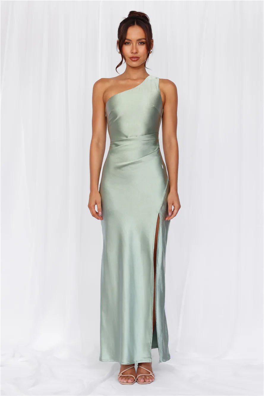The Aurora One Shoulder Satin Maxi Dress Sage
