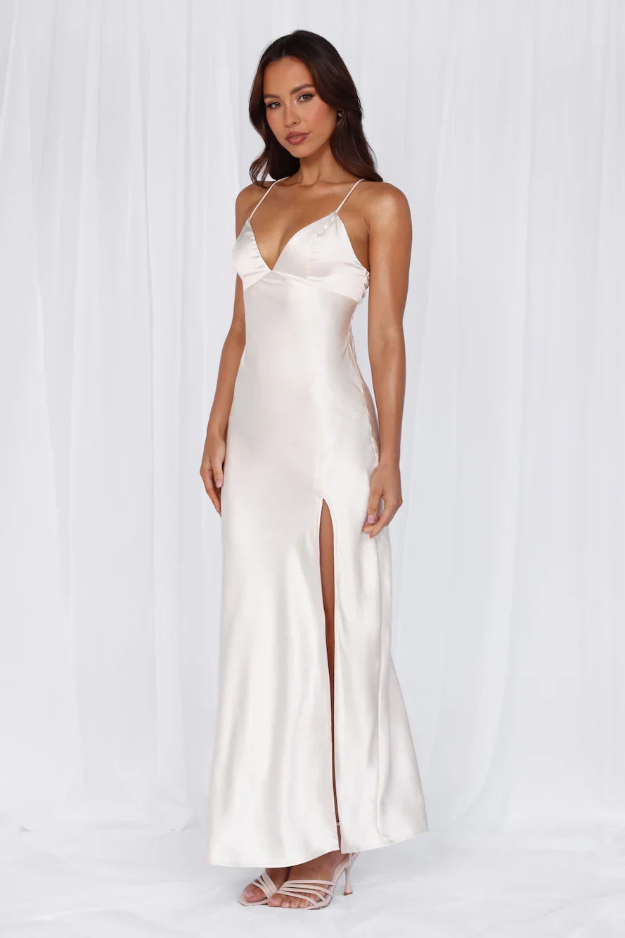 The Sophia Satin Maxi Dress Pearl