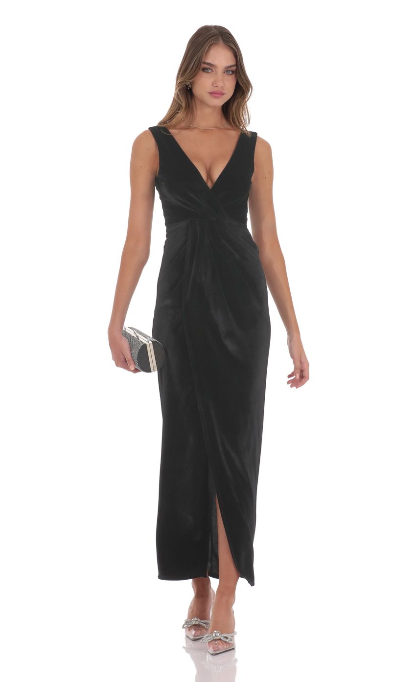 Velvet V-Neck Slit Maxi Dress in Black